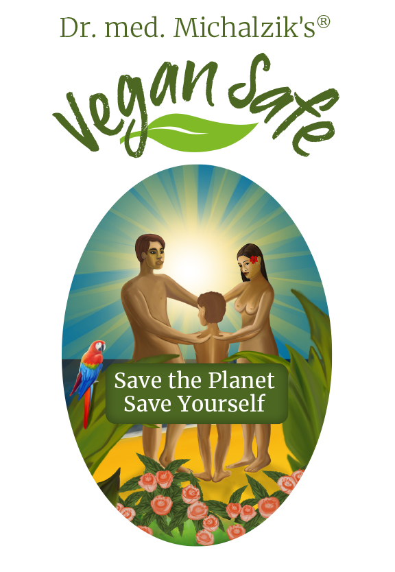 Vegan Safe – Integratore Alimentare Immagine di un prodotto vegano con una famiglia, un pappagallo colorato e fiori, di forma ovale.