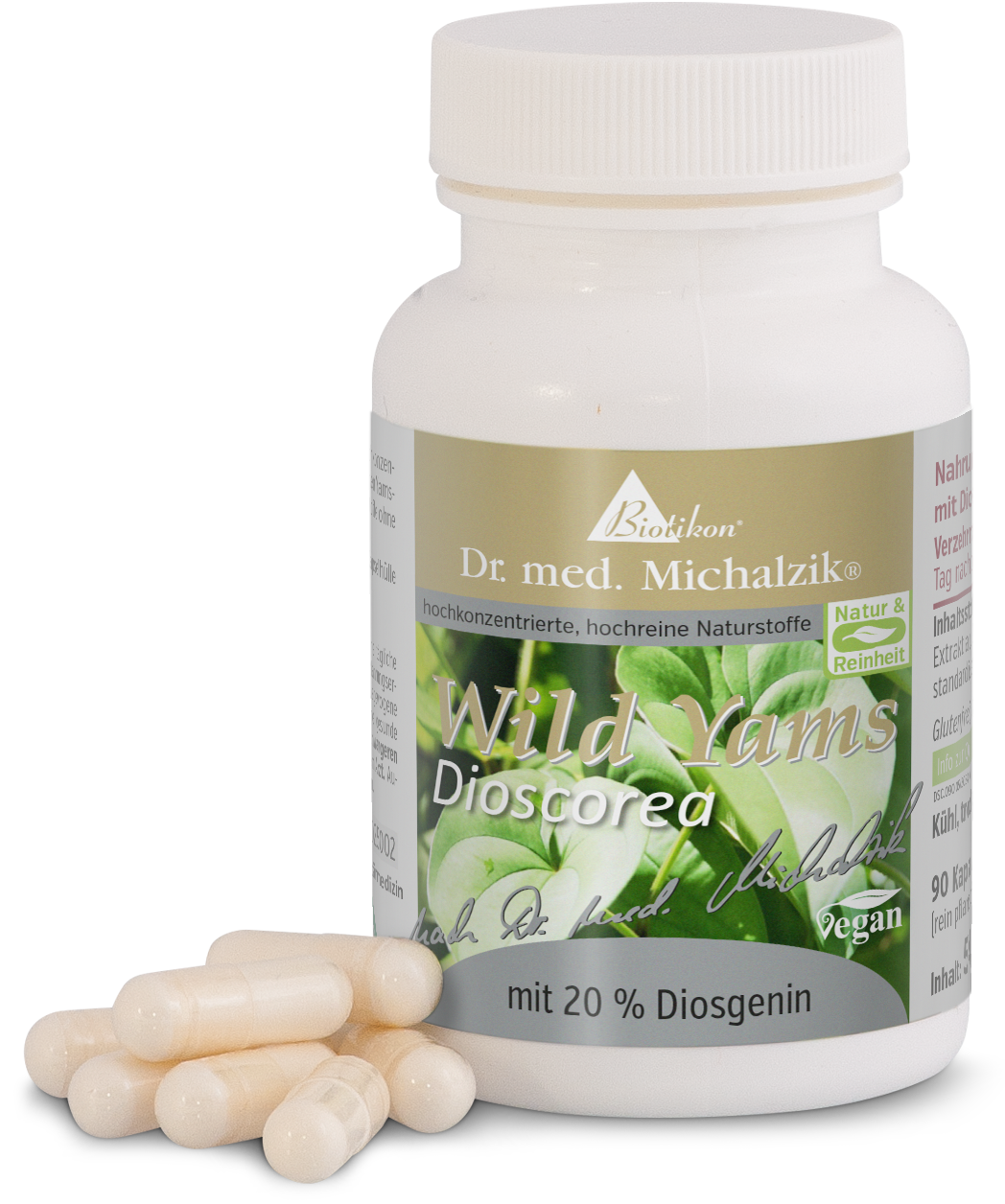 Dioscorea Yams Selvatico 90 Capsule – 20% Diosgenina Bottiglia con 90 capsule bianche, integratore alimentare con yams selvatico, capsule vegane, con 20% di diosgenina.