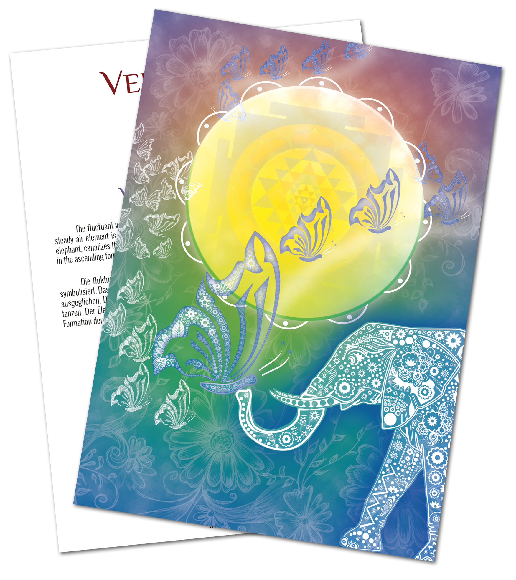 Stampa d'Arte Elefante – Poster A2 Stampa d'arte colorata di un elefante con farfalle, formato A2, motivi floreali decorativi, colori vivaci.