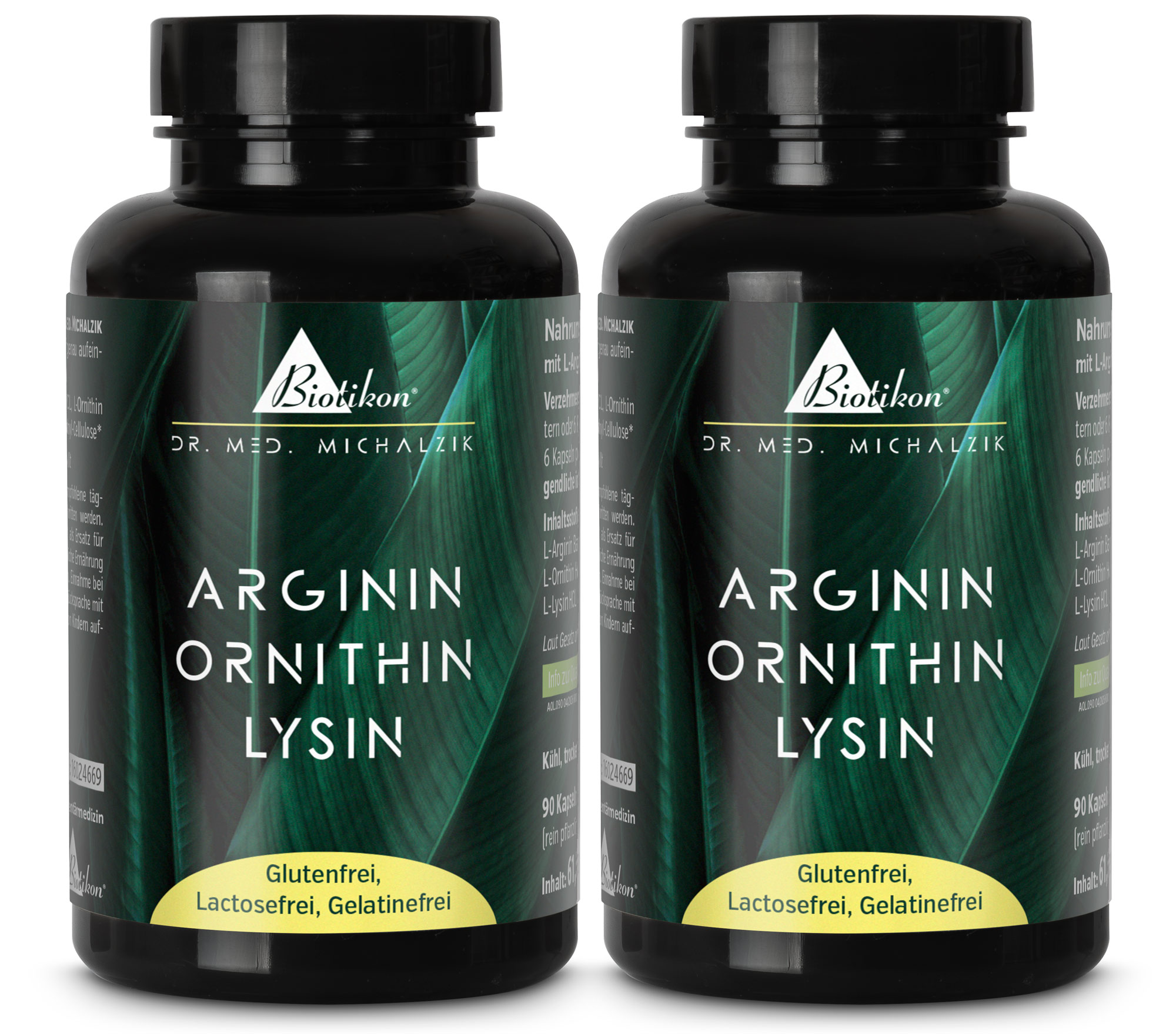 Due bottiglie blu contenenti 90 capsule di Arginina Ornithina Lisina, senza glutine, in confezione PET.