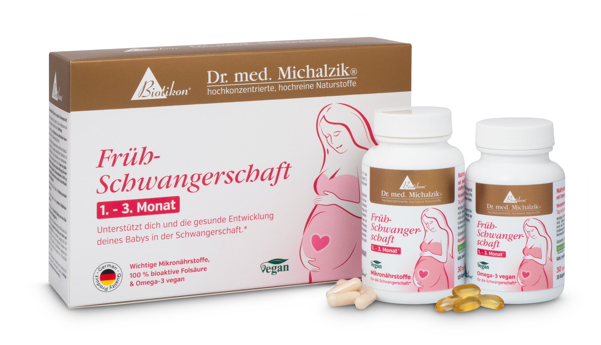 Gravidanza Iniziale – Micronutrienti 30 Capsule Confezione con due flaconi per gravidanza iniziale, 30 capsule, vegano, design luminoso, prospettiva laterale.