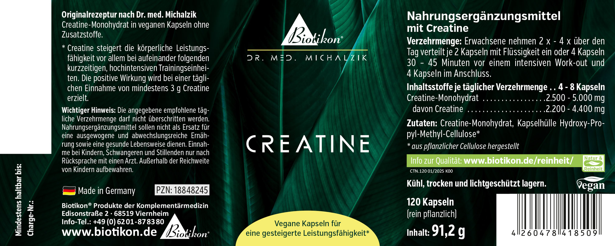 Capsule vegane con monoidrato di creatina, 120 pezzi, in confezione verde.