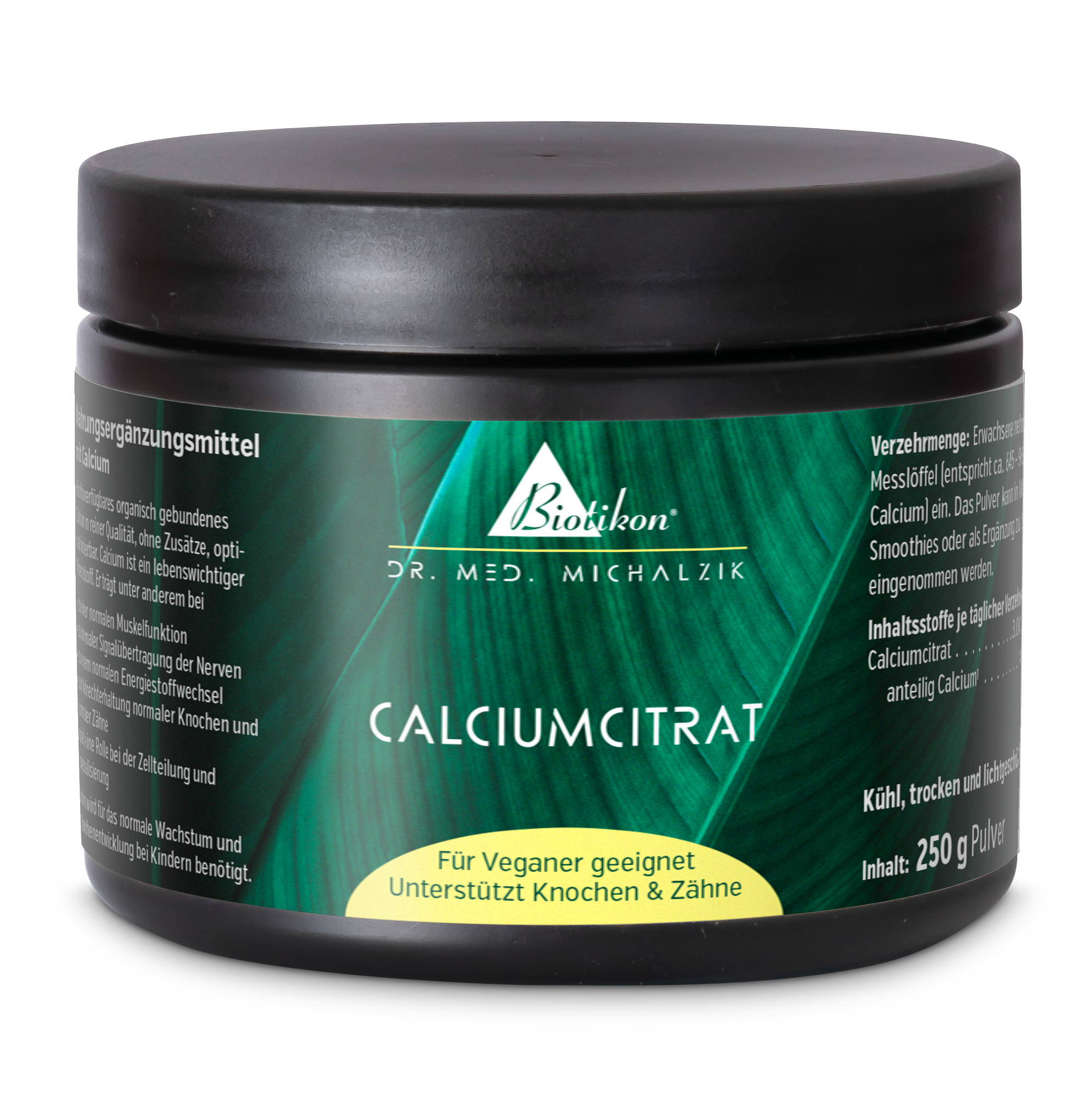 Citrato di Calcio – Polvere da 250 g Citrato di calcio in contenitore nero, polvere da 250 g, adatta per vegani, conservare in un luogo fresco e asciutto.