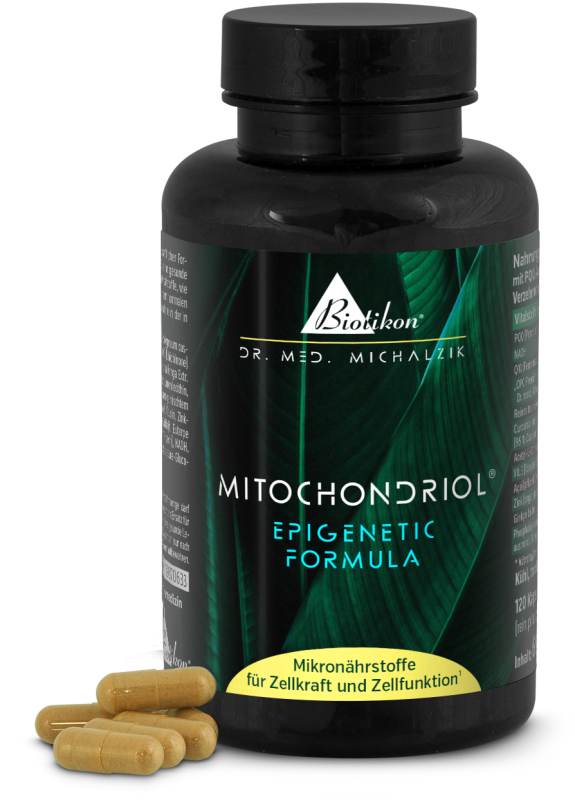 Mitochondriol 120 Capsule – Formula Epigenetica Bottiglia nera con 120 capsule, Mitochondriol, foglie verdi sullo sfondo.