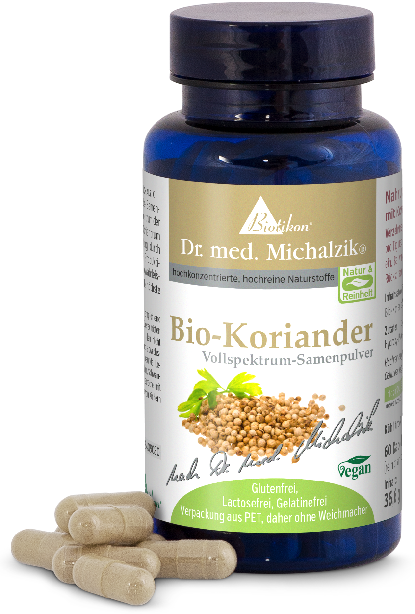 Coriandolo Biologico 60 Capsule – Polvere di Semi Full Spectrum Polvere di semi Full Spectrum Coriandolo biologico in bottiglia blu, 60 capsule, senza glutine e vegano.