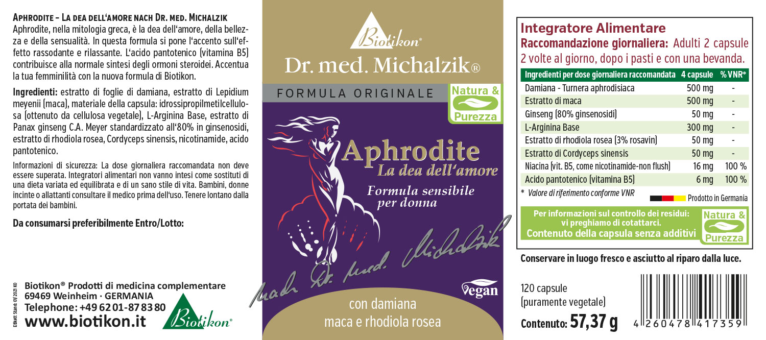 Afrodite – 120 Capsule per Donne Integratore alimentare Afrodite, 120 capsule vegane in confezione viola, informazioni su utilizzo e ingredienti.