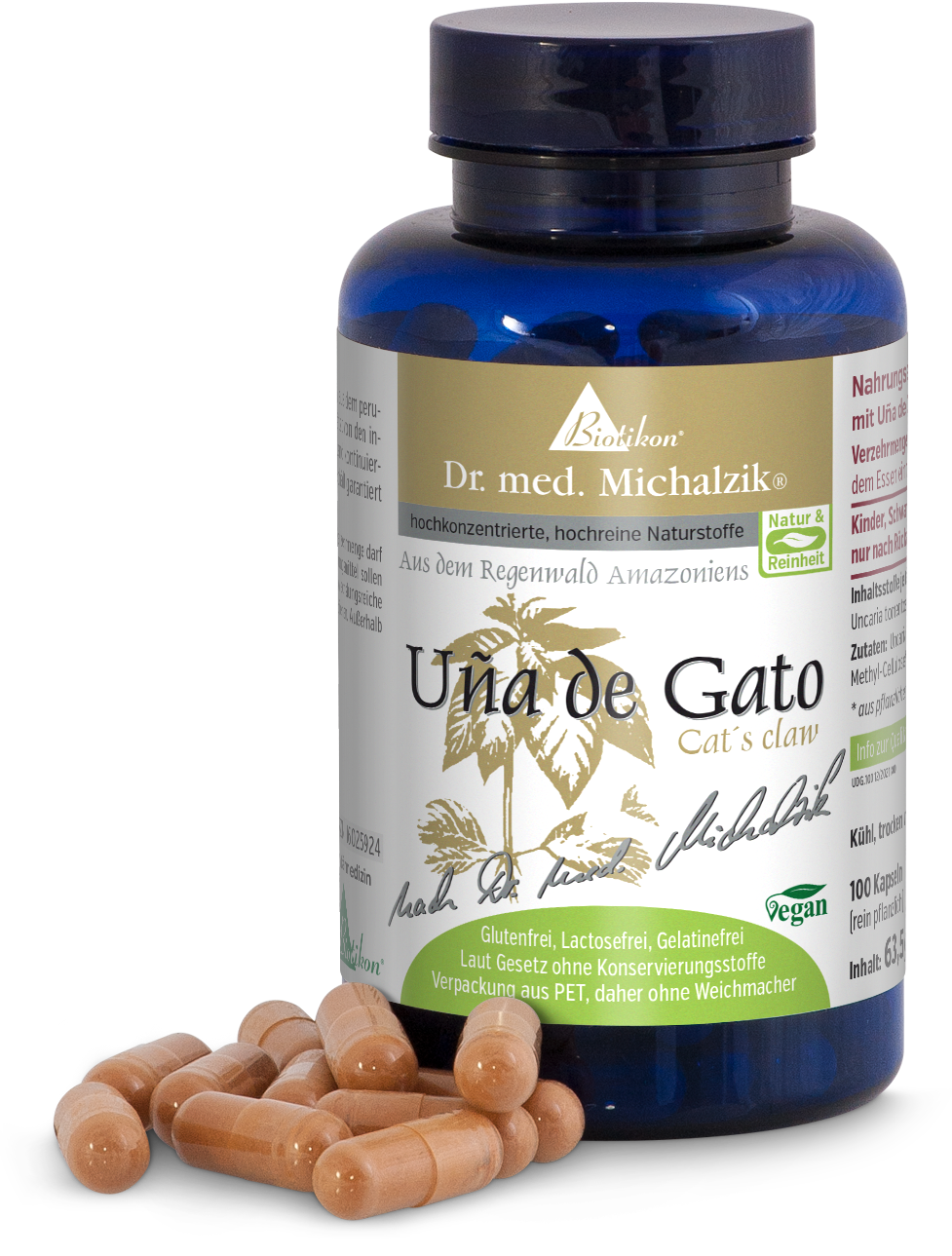 Artiglio del gatto 100 capsule – Estratto di artiglio del gatto Capsule marroni in una bottiglia blu, 100 capsule, ingredienti vegani, senza additivi.