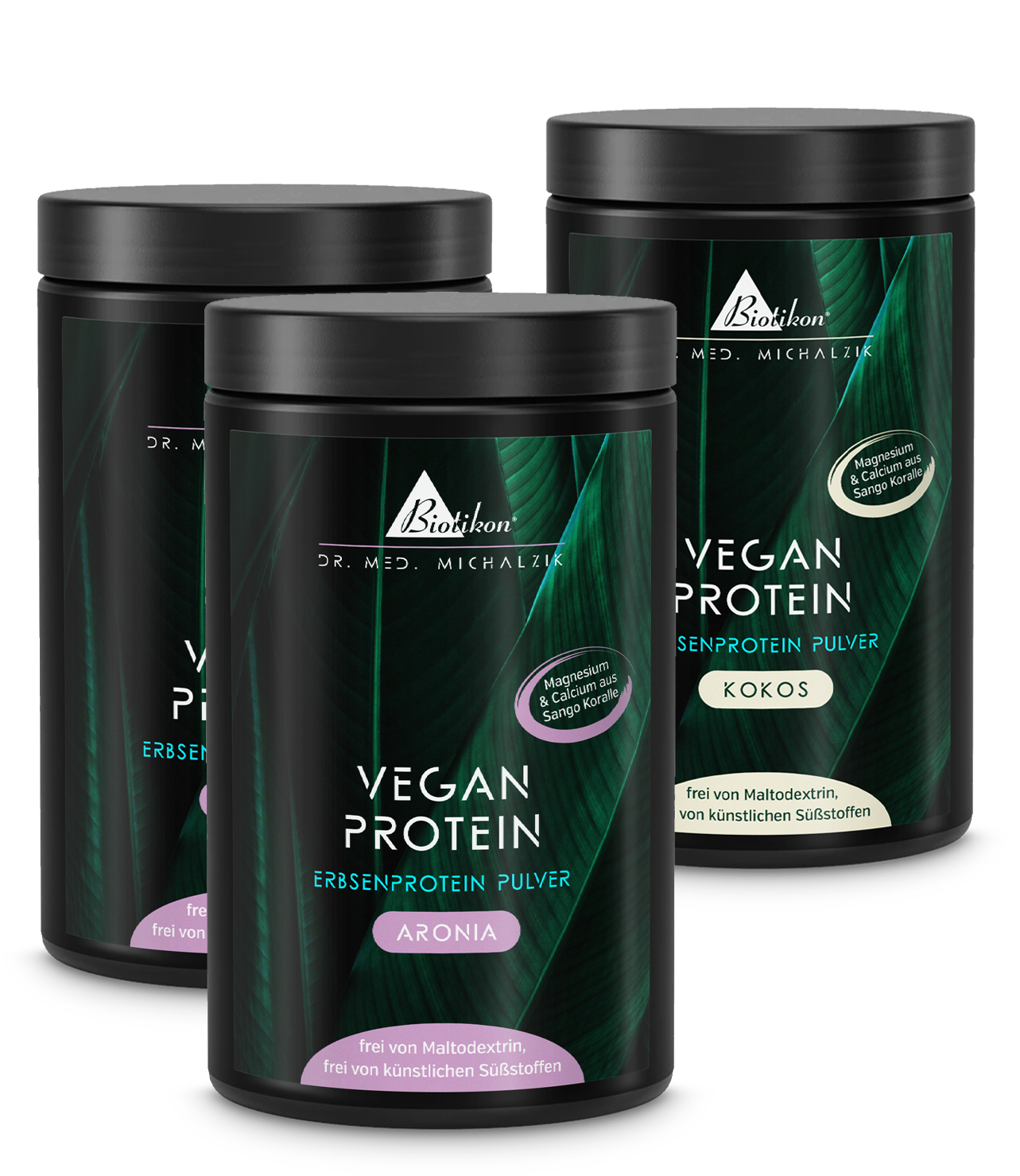 Tre barattoli bianchi di polvere di proteine vegetali, sapori Aronia e Cocco, con etichette visibili.