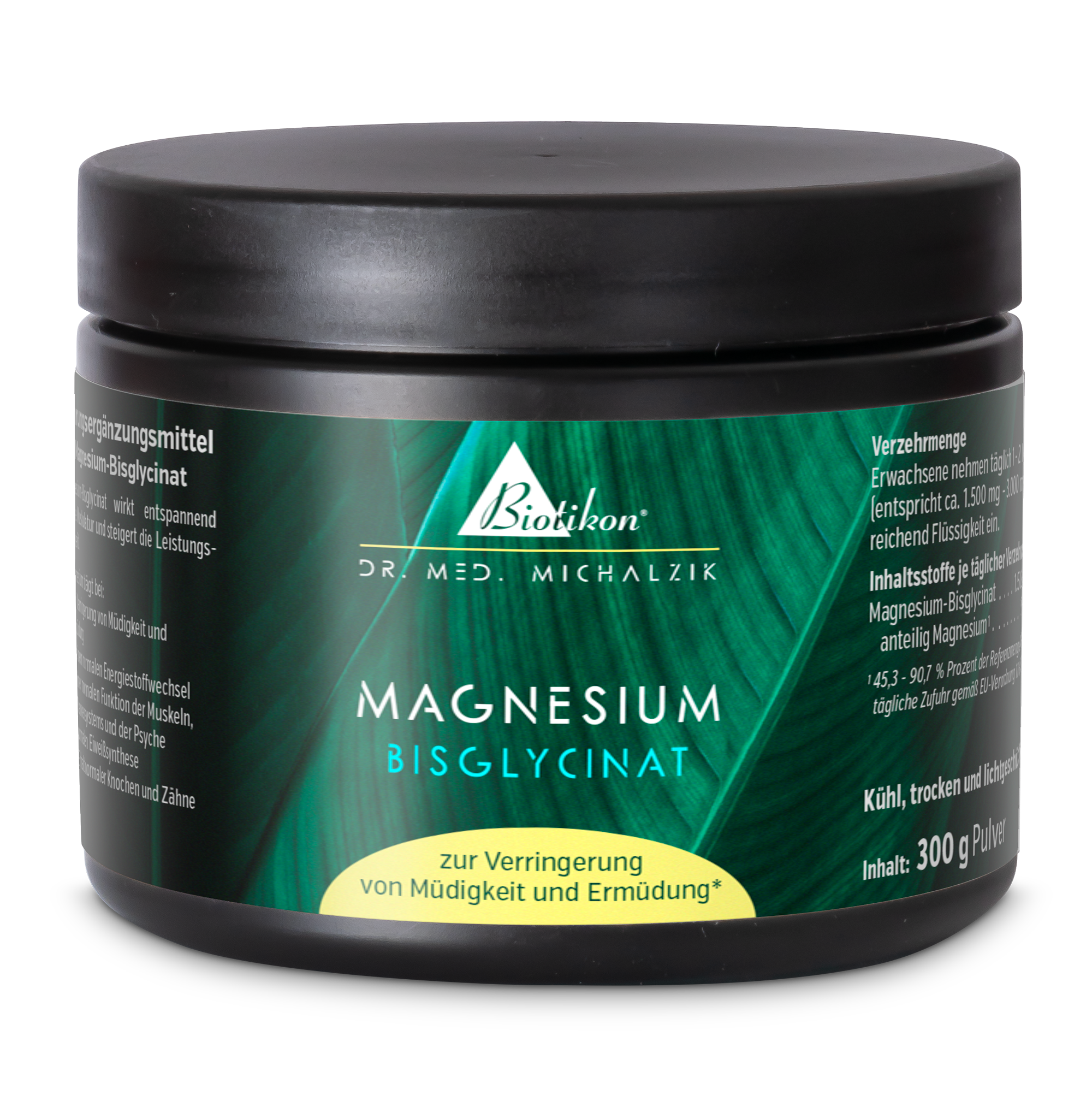 Bisglicinato di Magnesio – 300 g Polvere Contenitore nero con polvere di bisglicinato di magnesio, 300 g, vista frontale, colore verde accento.