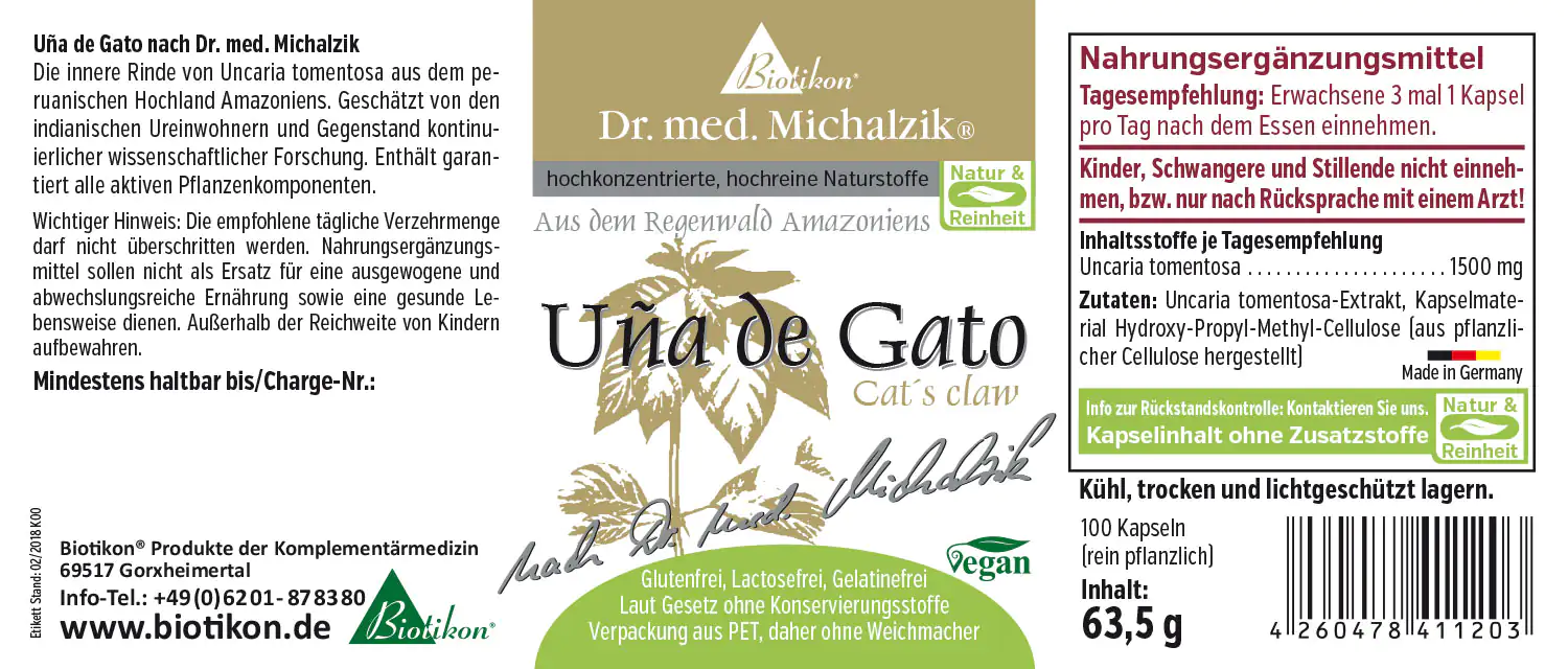 Uña de Gato 1500 mg – Capsule Integratore Uña de Gato, 100 capsule, 100% vegetale, confezione dai colori naturali, vista anteriore.