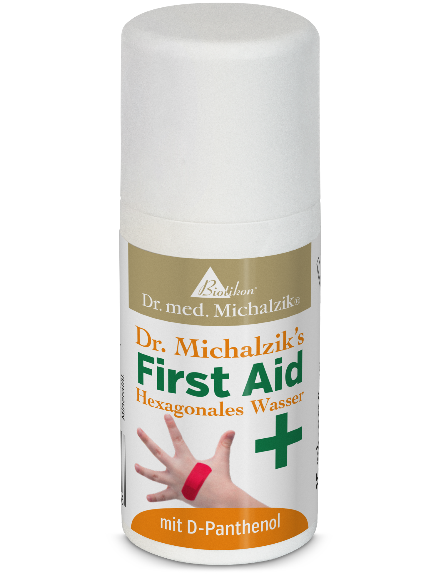 Acqua Esagonale - Spray 100 ml Bottiglia spray con acqua esagonale, 100 ml, forma rettangolare, tappo bianco, testo arancione e verde.