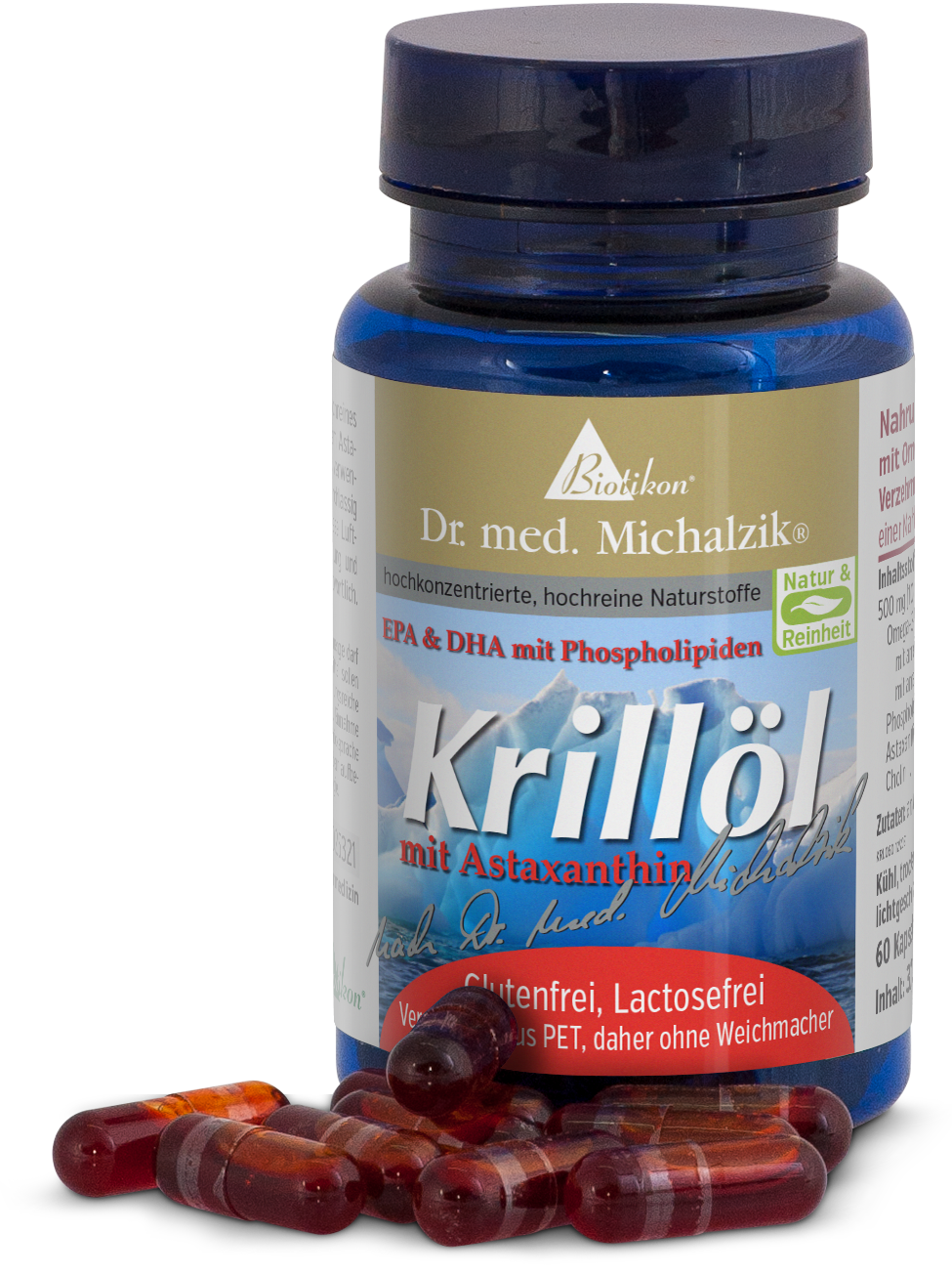 Olio di Krill 500 mg - Capsule Bottiglia con 60 capsule rosse di olio di krill, alcune capsule visibili, confezione blu e bianca.