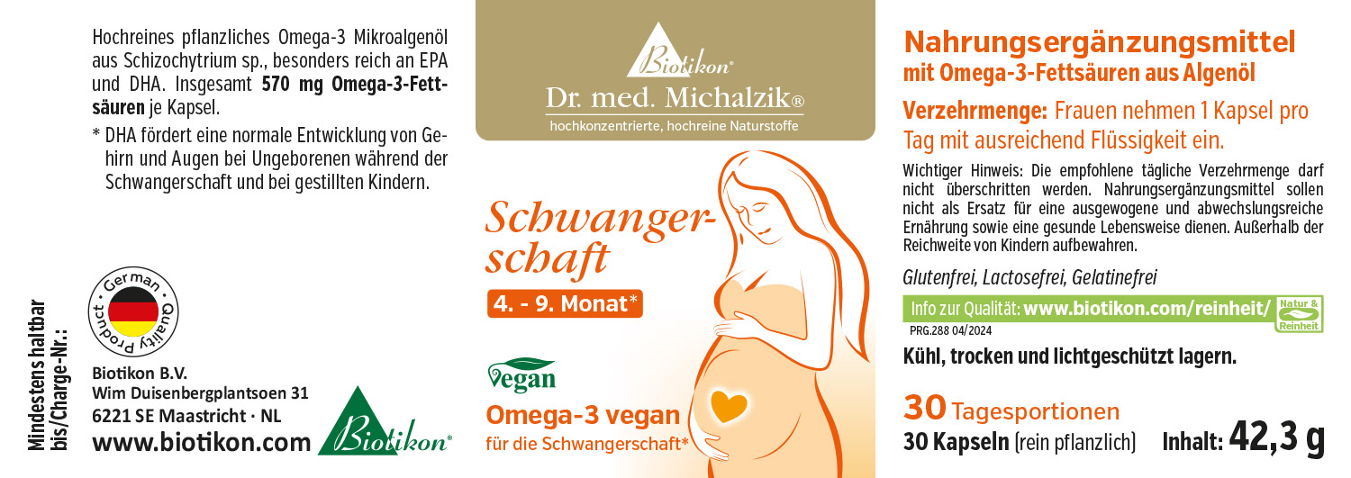 Acidi grassi Omega-3 570 mg – Capsule Integratore alimentare in capsule, 30 pezzi, vegano, con Omega-3 ad alta purezza da olio di alghe, confezione colorata.