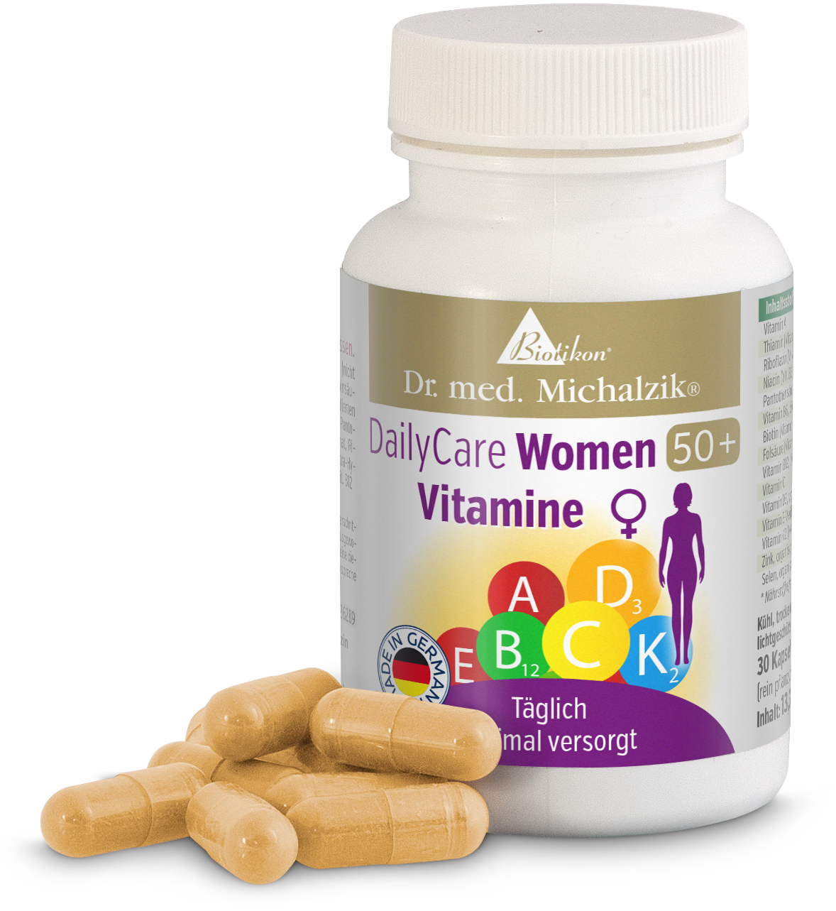 Multivitaminici 50+ - Capsule Capsule di multivitaminici per donne over 50, 30 pezzi, in un contenitore chiaro su sfondo bianco.