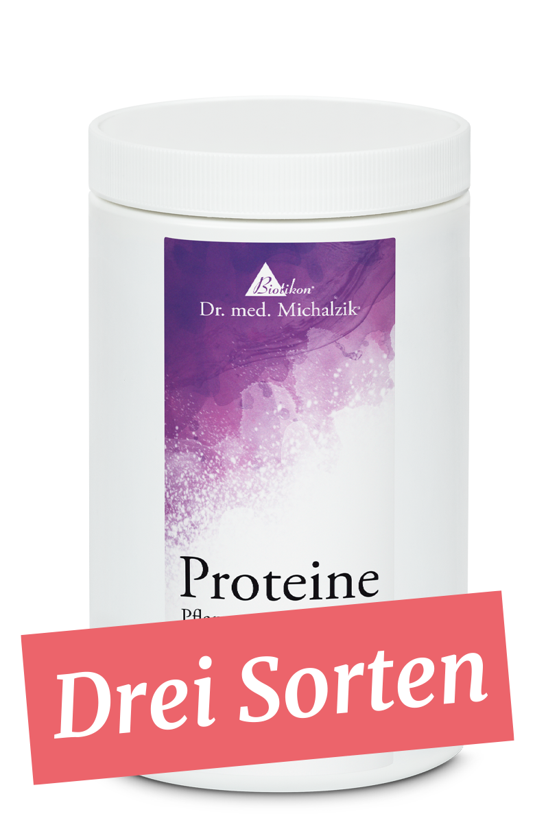 Proteine in Polvere – Tre Varietà Contenitore bianco con design viola, proteine in polvere, 500 g, tre gusti diversi.