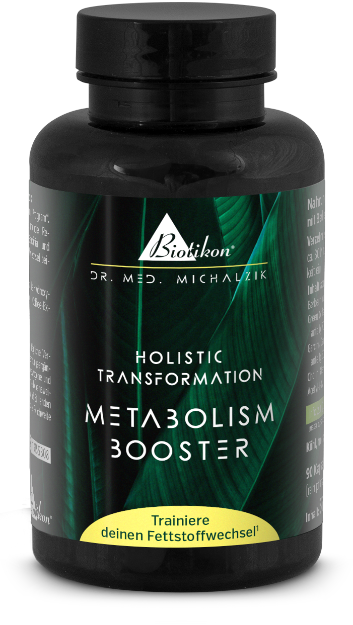 Potente Metabolismo – 90 Capsule Confezione nera di capsule con 90 capsule, design a foglia verde, vista frontale, per supporto al metabolismo.