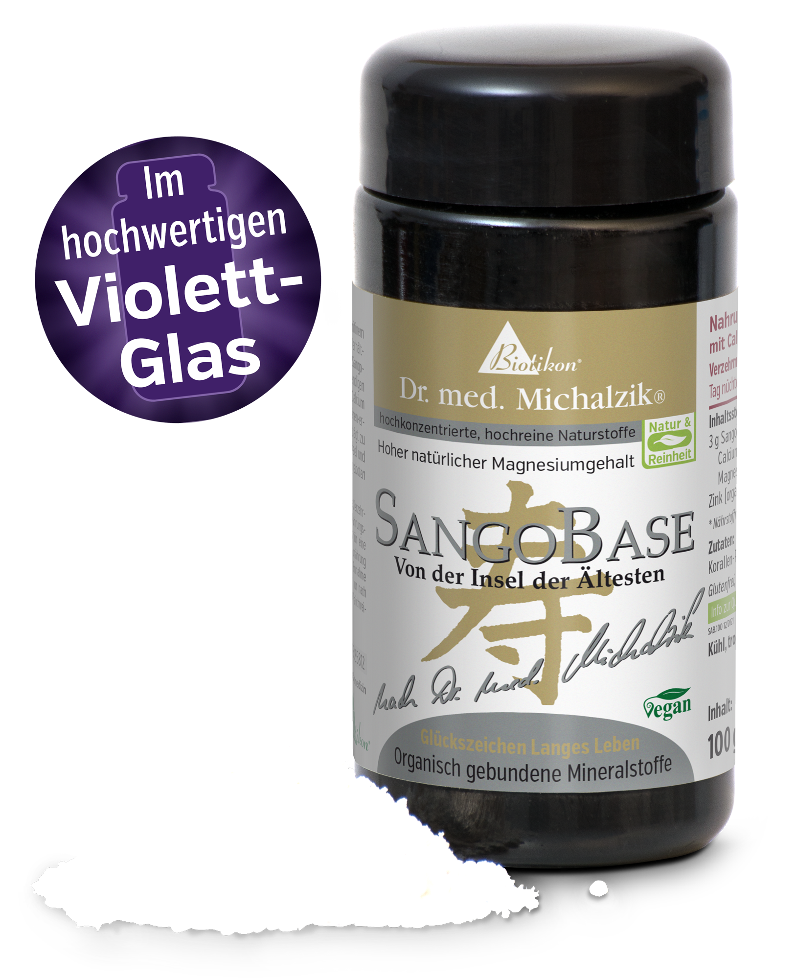 SangoBase 100 g – Minerali Organici SangoBase in un contenitore di vetro nero, 100 g, minerali legati organicamente, vegano.