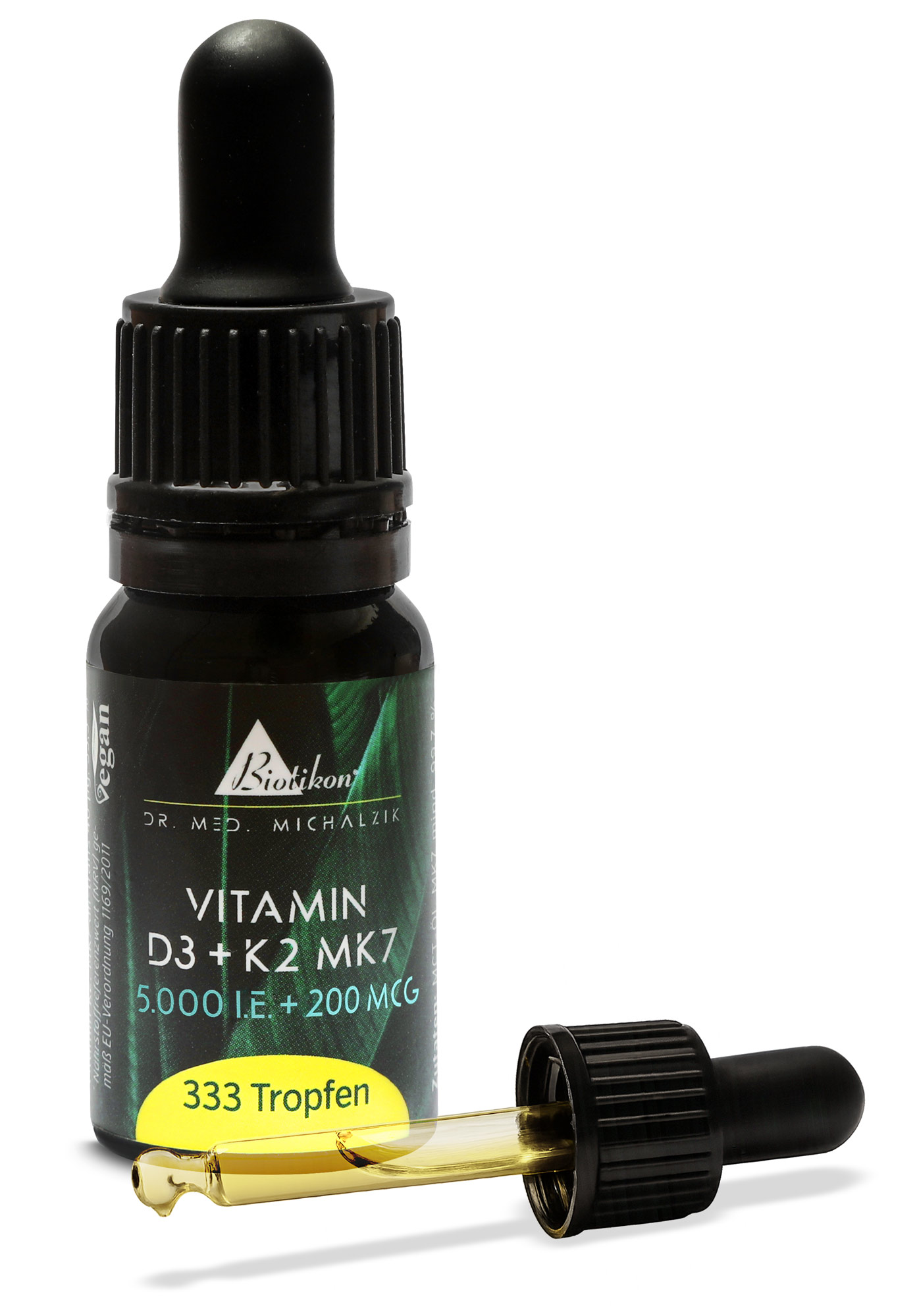 Vitamina D3 + K2 MK7 5000 UI + 200 Mcg – Gocce Gocce di vitamina D3 + K2 MK7 vegane, 333 gocce, contagocce nero, liquido giallo.