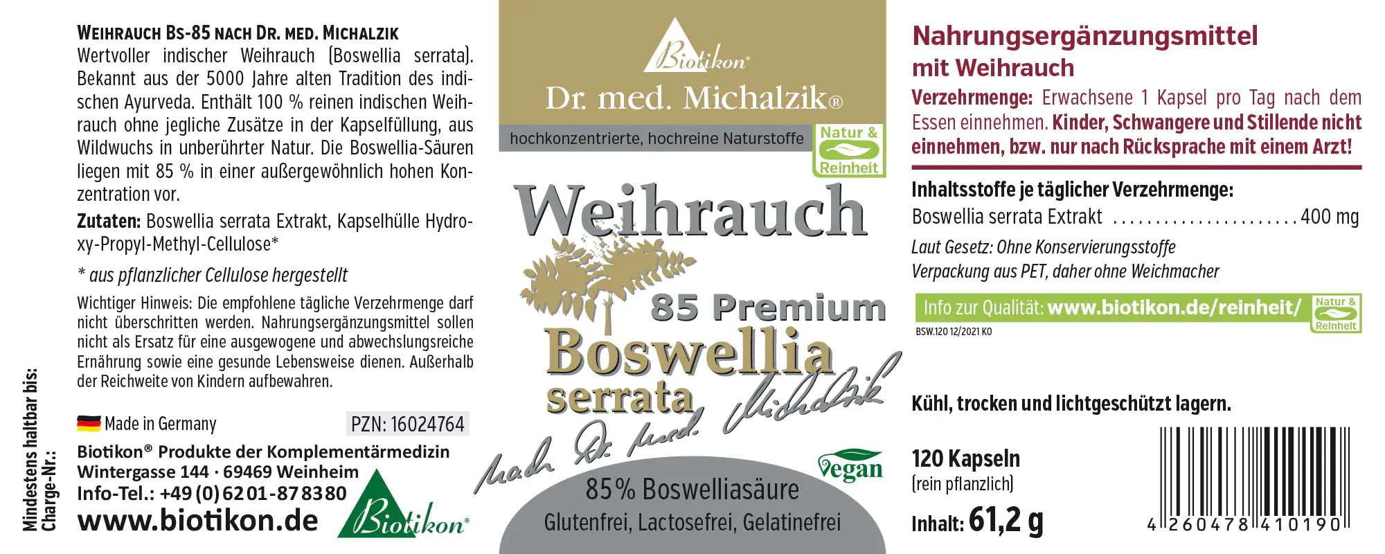 Capsule di Boswellia 400 mg – 120 pezzi Integratore alimentare di Boswellia in capsule, 120 capsule, confezione in PET, vegano, senza glutine.