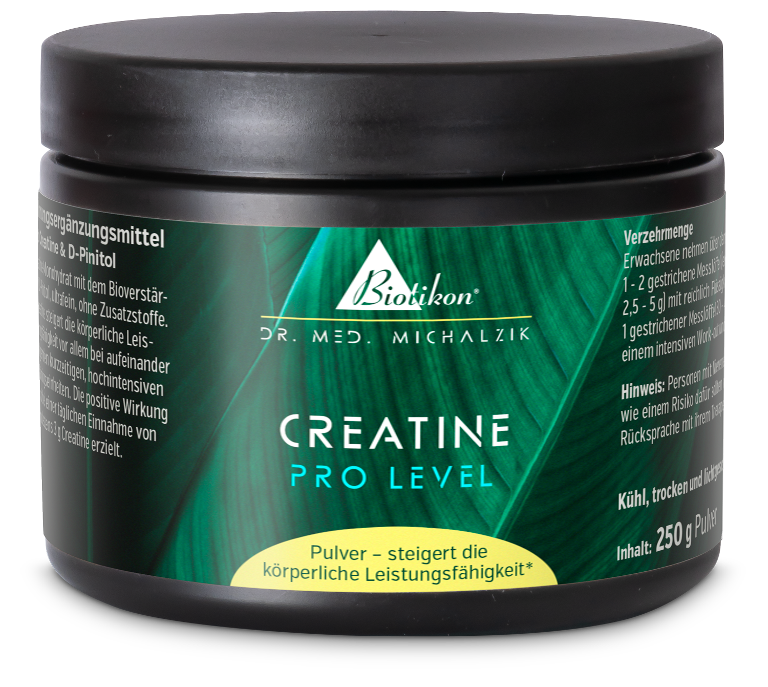 Creatina Pro Level – Polvere da 250 g Contenitore di polvere nera con 250 g di creatina, etichetta verde, vista laterale.