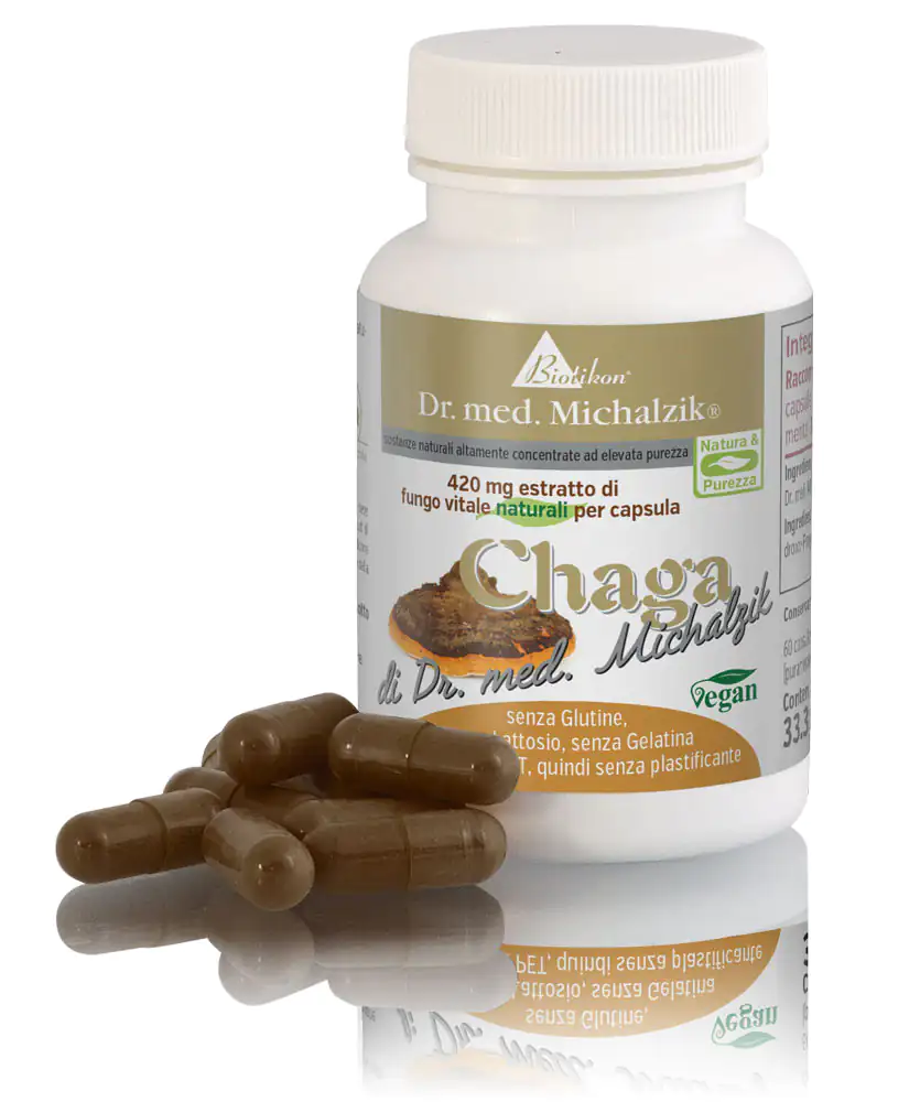 Chaga 420 mg – Capsule Capsule di Chaga in una bottiglia bianca contenente 60 pezzi, capsule marroni in primo piano.