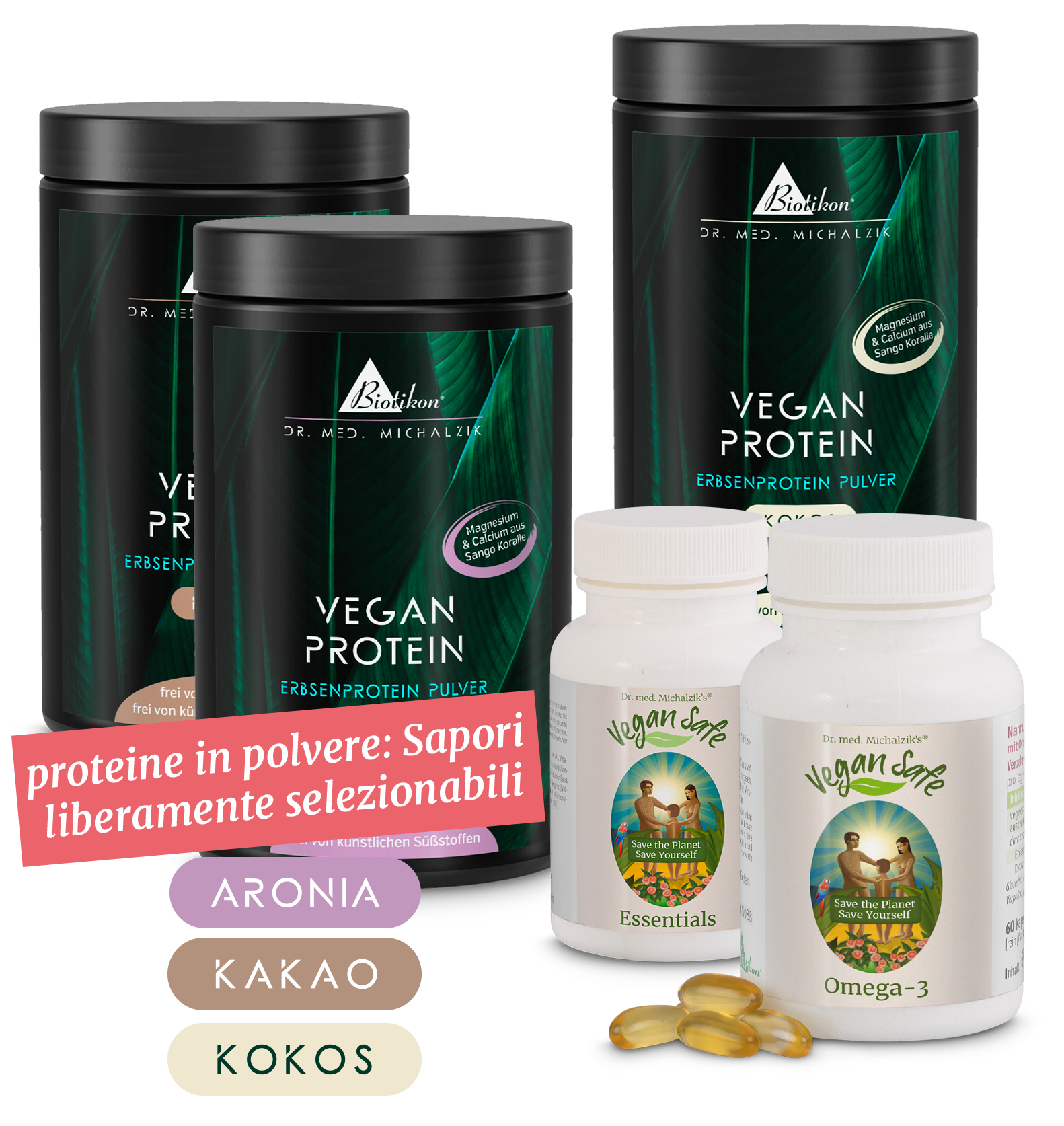 Quattro barattoli di polvere di proteine vegetali in diverse colorazioni e gusti, insieme a due bottiglie di capsule, viste frontalmente.