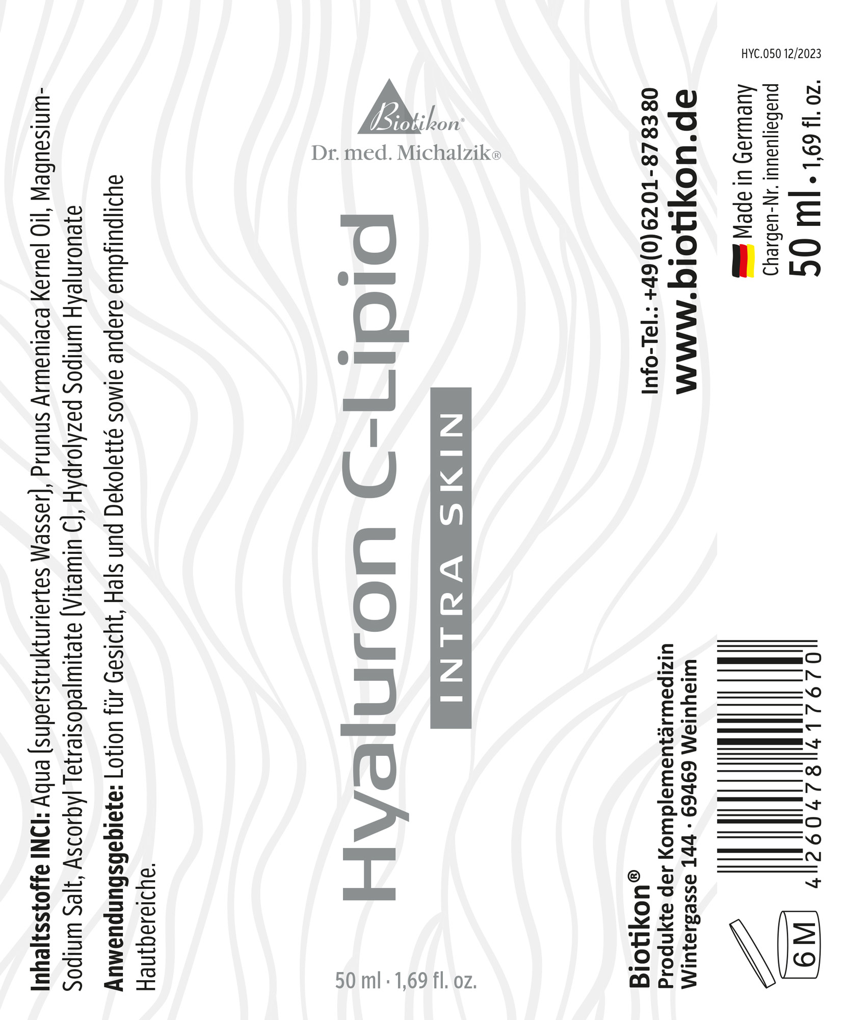 Hyaluron C-Lipid – Flacone da 50 ml Lotion Hyaluron C-Lipid in un flacone da 50 ml, grigio chiaro con motivi a onde decorativi.