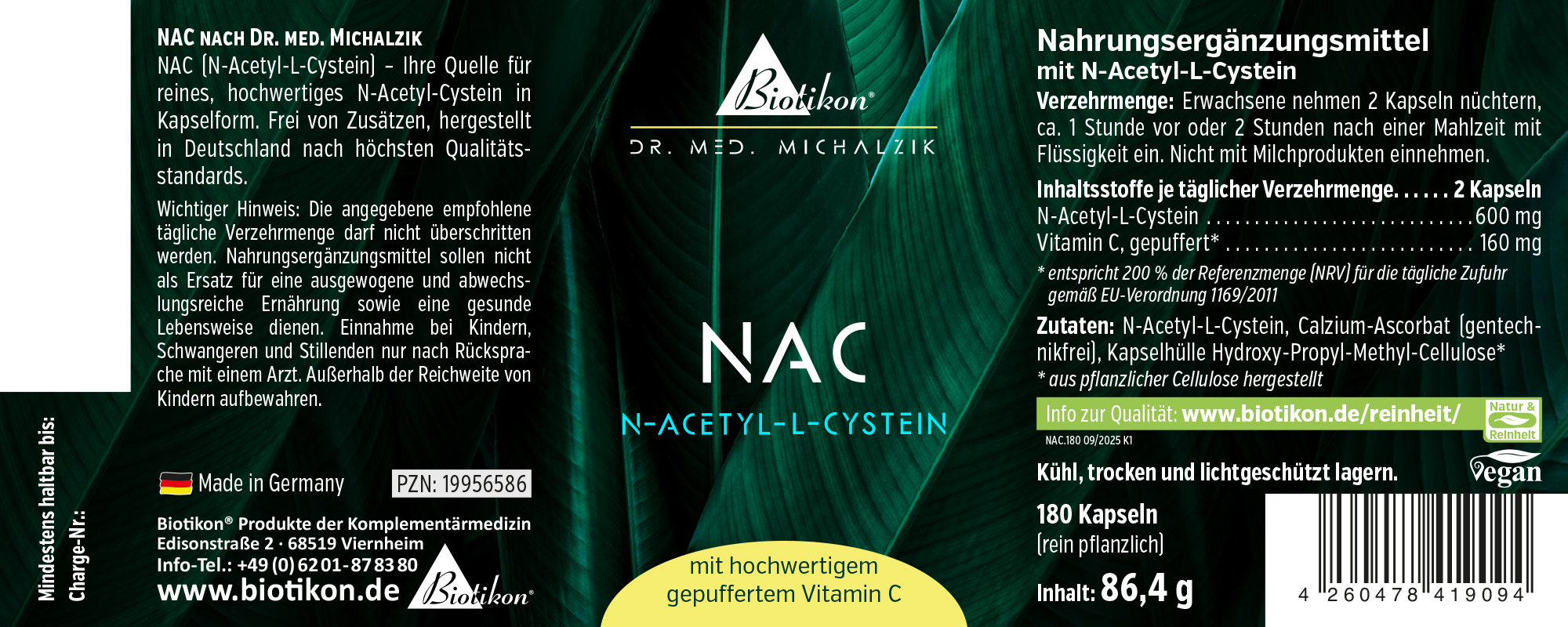 NAC N-Acetil-L-Cisteina – 180 Capsule NAC N-Acetil-L-Cisteina in confezione scura, 180 capsule, capsule vegane di alta qualità, produzione tedesca.