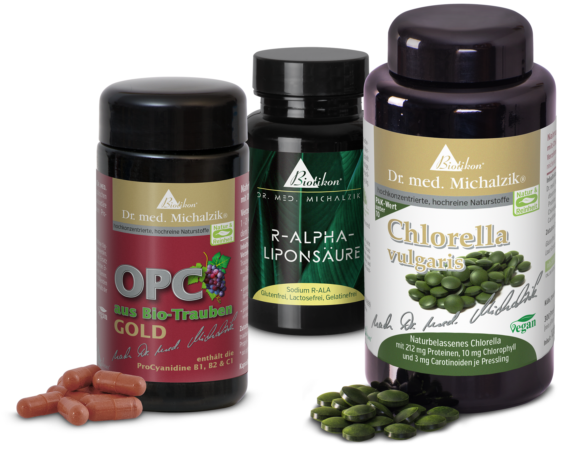 Immagini delle lattine, delle capsule e delle compresse del programma di trattamento BIOTOX: acido R-alfa lipoico, OPC da uva GOLD biologica e clorella. Immagini delle lattine, delle capsule e delle compresse del programma di trattamento BIOTOX: acido R-alfa lipoico, OPC da uva GOLD biologica e clorella.
