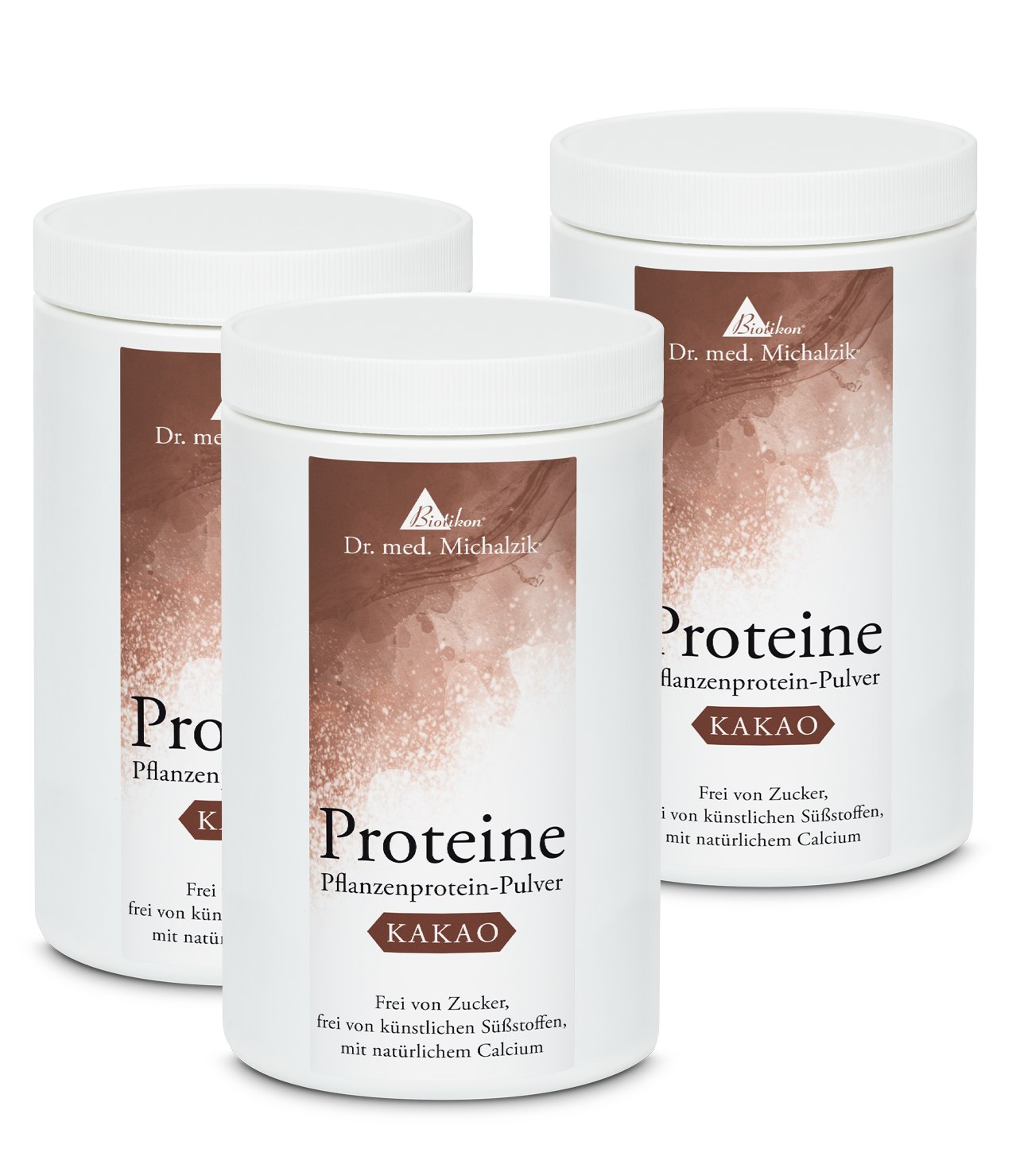 Polvere di proteine vegetali cacao - 3 x 300 g Tre lattine di polvere di proteine vegetali cacao, ciascuna da 300 g, con design bianco e etichetta marrone, vista frontale.