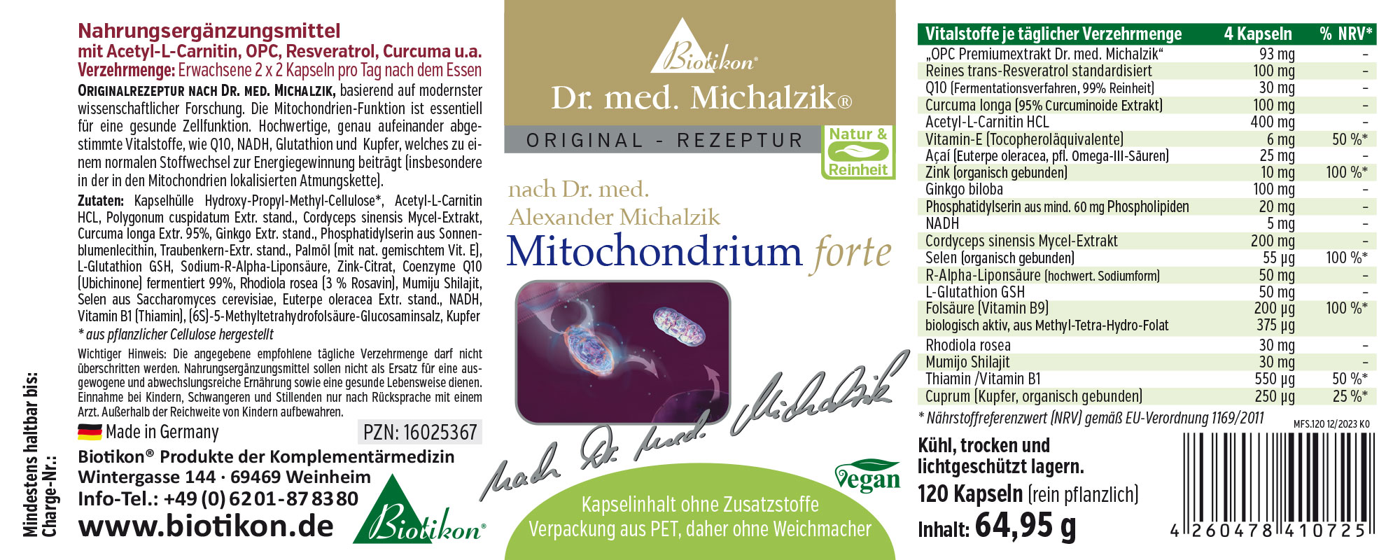 Mitochondrium Forte - 120 Capsule Integratore alimentare in capsule, 120 pezzi, confezione verde e bianca, vegano.