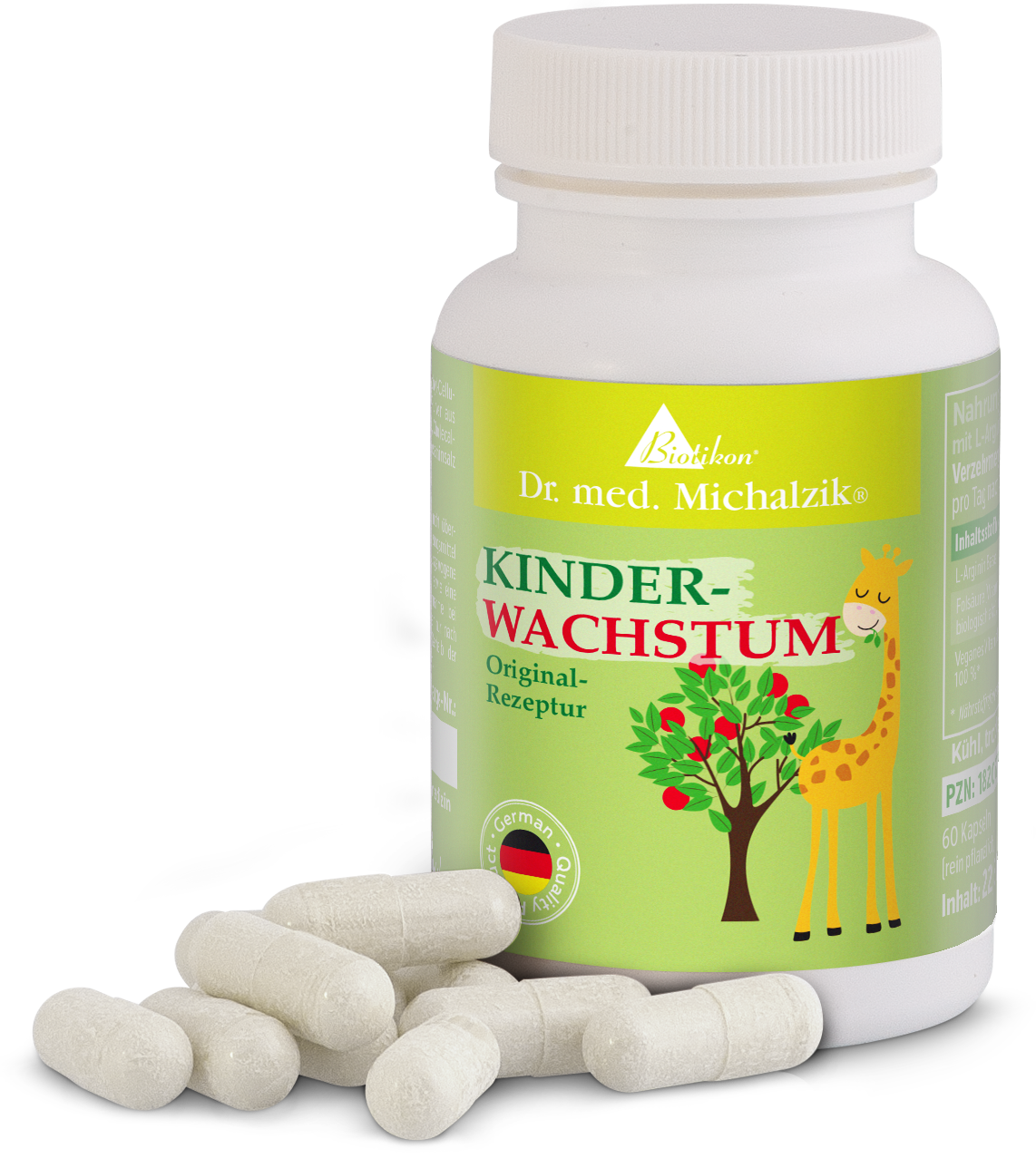 Crescita Bambini – 60 Capsule Integratore alimentare per bambini, 60 capsule, bottiglia dal design colorato, bianco.