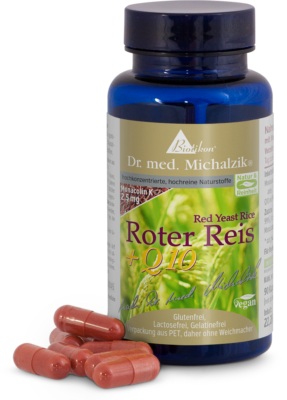 Riso Rosso 2,5 mg – Capsule Capsule di riso rosso con Q10 in una bottiglia in PET blu, 90 pezzi, capsule rosa su uno sfondo bianco.