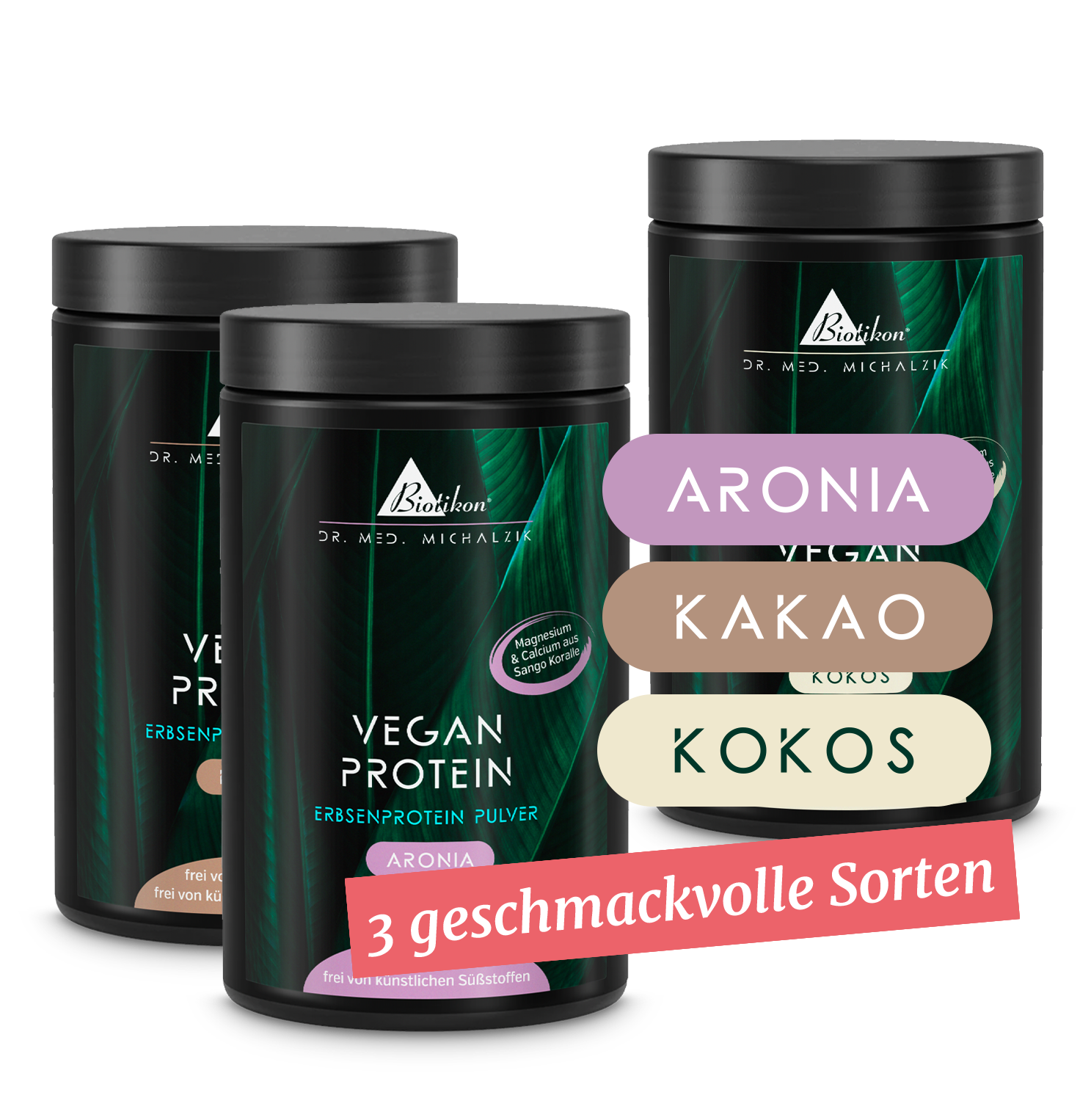 Tre contenitori di polvere di proteine vegetali in Aronia, Cacao e Cocco, vari colori, vista frontale.