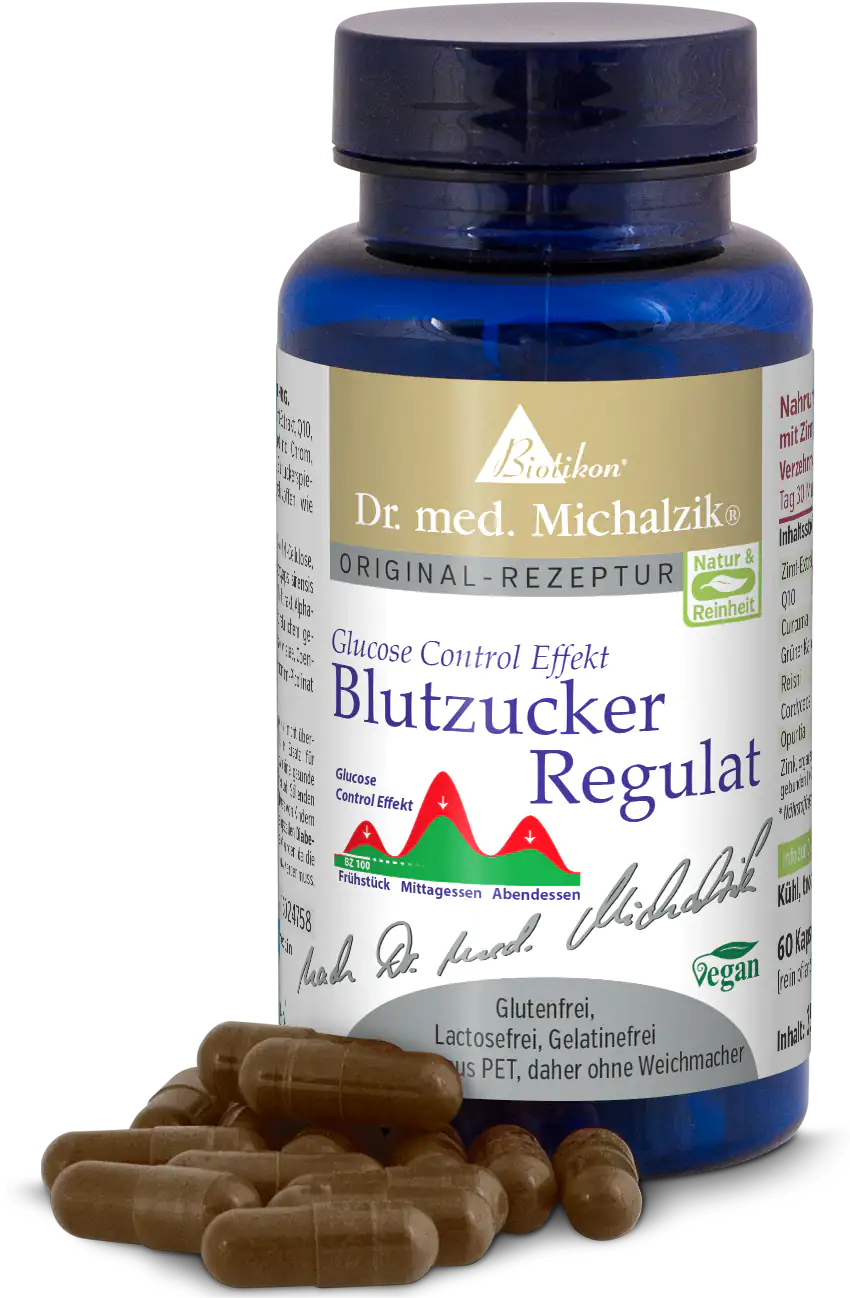 Regolatore di zucchero nel sangue – 60 capsule Flacone con 60 capsule vegane in involucro PET marrone e blu, etichetta visibile e capsule.