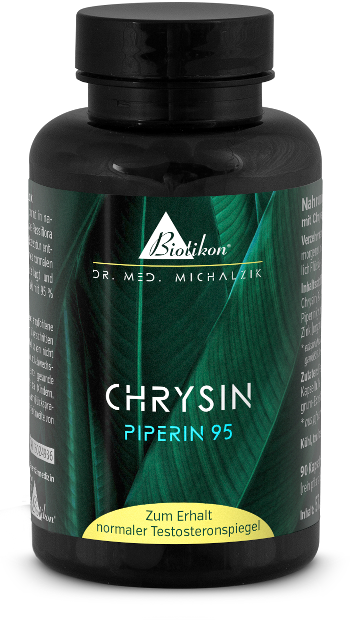 Chrysin 90 Capsule – Integratore Alimentare Bottiglia blu con 90 capsule giallastre, vegane, senza glutine, su sfondo bianco.