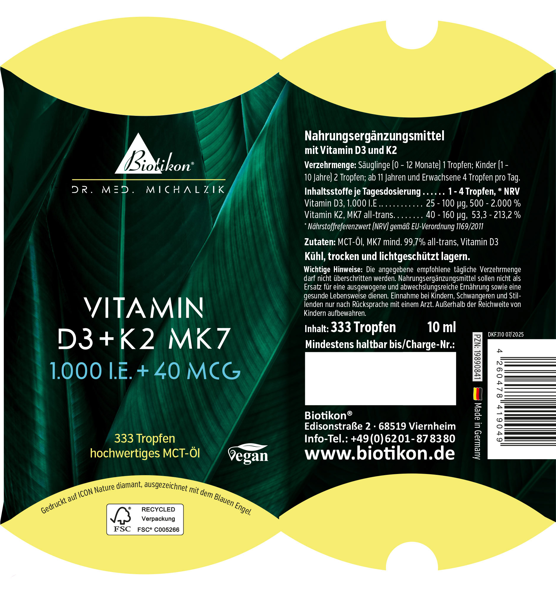 Vitamina D3 K2 MK7 1000 I.E. – 333 Gocce Integratore alimentare con vitamina D3 e K2, 333 gocce, 10 ml, confezione verde, vegano, vista frontale.