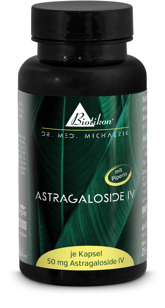 Bottiglia di 60 capsule di Astragaloside IV, capsule beige, vista frontale, con capsule sfuse sul tavolo.