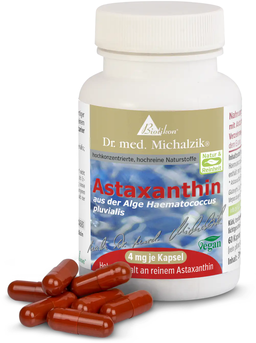 Astaxantina 4 mg – Capsule 60 capsule di astaxantina da Haematococcus pluvialis, capsule rosso-brune in contenitore bianco.