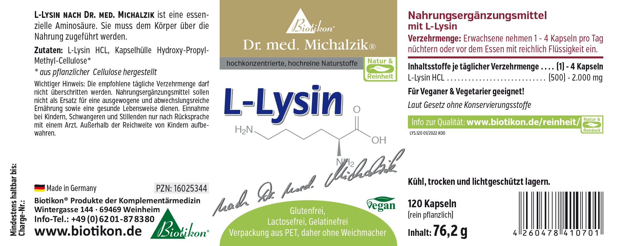 L-Lisina 500 mg – 120 Capsule Integratore alimentare vegan L-Lisina in capsule, 120 pezzi, confezione verde e bianca.