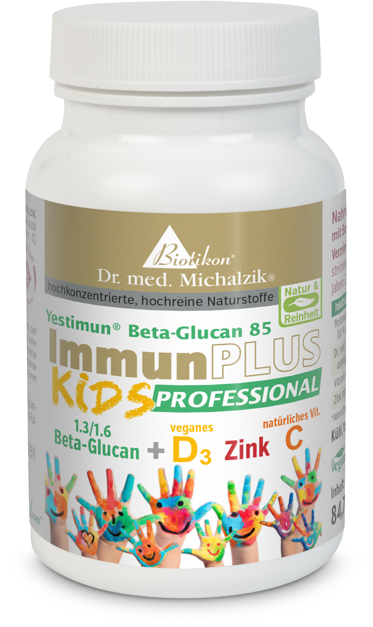 ImmunPLUS KIDS – 84 Capsule Capsule vegane in un contenitore bianco con mani di bambini colorate, 84 pezzi.