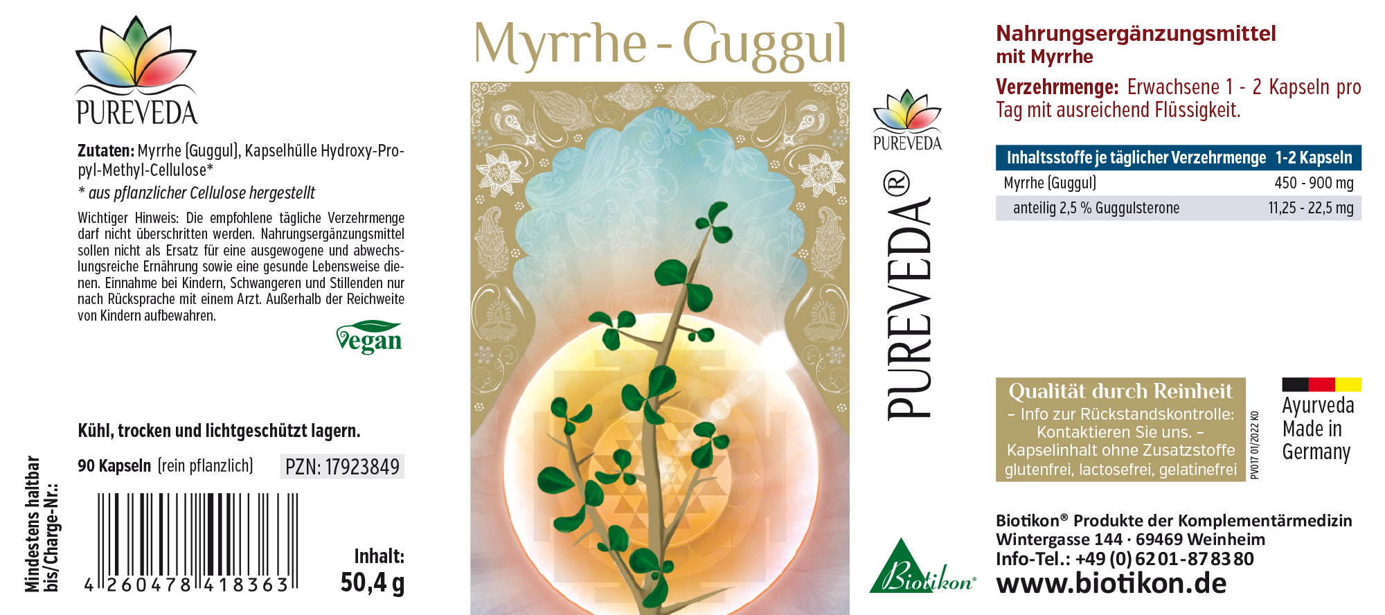 Myrrha Guggul 90 Capsule – Integratore Alimentare Integratore alimentare con mirra, 90 capsule vegane, confezione gialla, vista laterale.