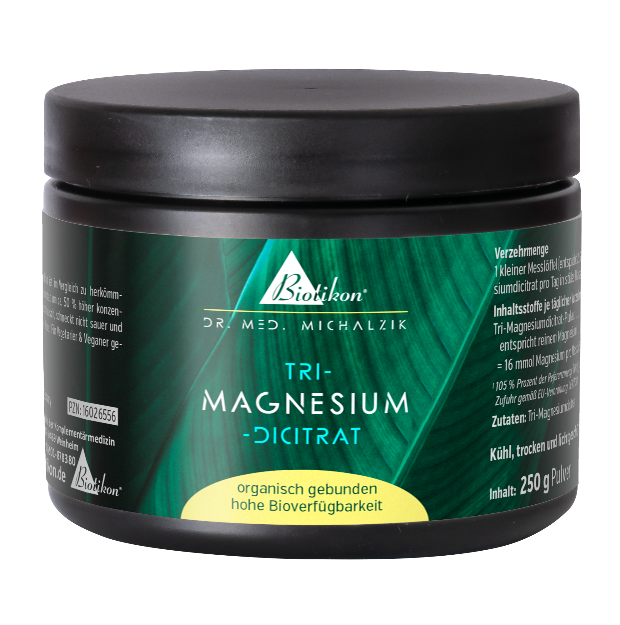 Tri-Magnesio Dicitrat 250 g - Polvere Tri-Magnesio Dicitrat in contenitore nero, polvere da 250 g, superficie leggermente lucida.