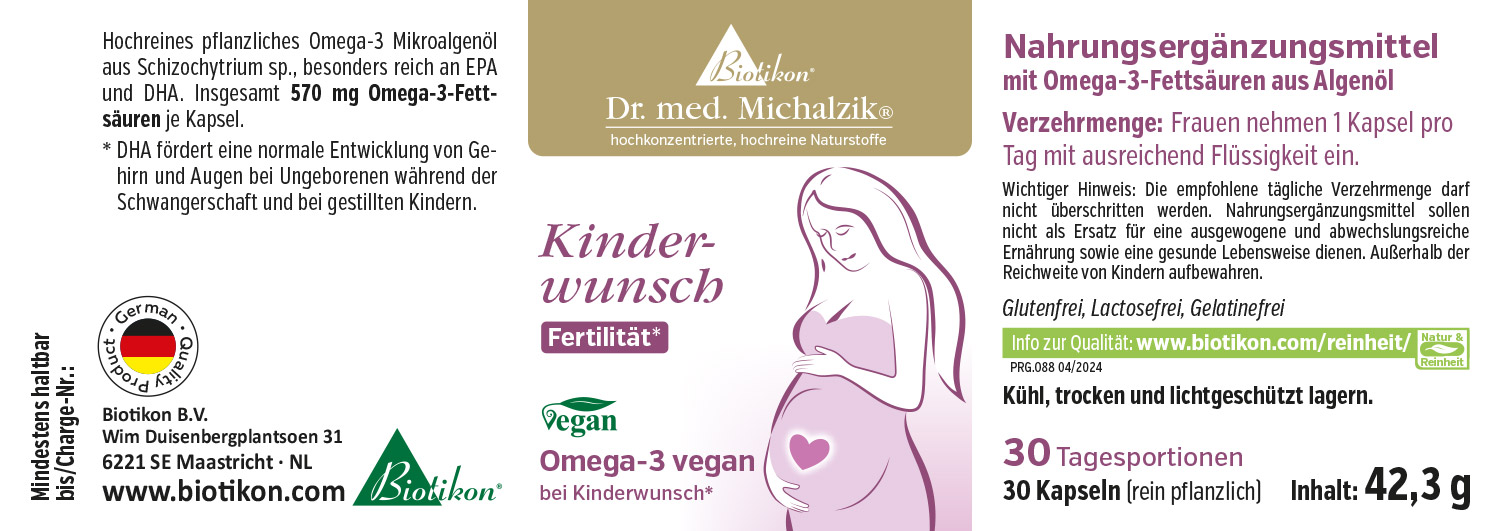 Acidi Grassi Omega-3 570 mg – 30 Capsule Vegane Integratore alimentare omega-3 da microalghe, 30 capsule, vegano, confezione rosa e oro.