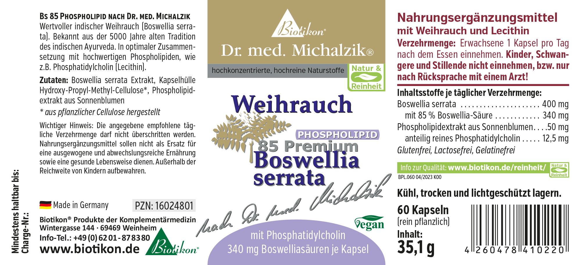Integratore di Boswellia Serrata Fosfolipidi BS85 Integratore di Boswellia in capsule, 60 pezzi, in una scatola, vegetale, design grigio e viola.