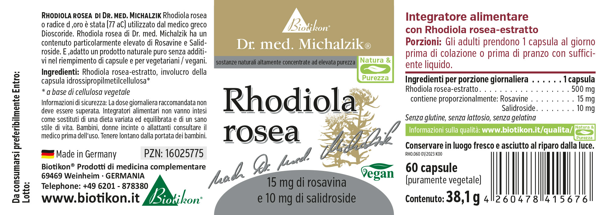 Rhodiola Rosea 15 mg – Capsule Capsule con estratto di Rhodiola rosea, 60 pezzi, in un imballaggio verde, vista laterale.