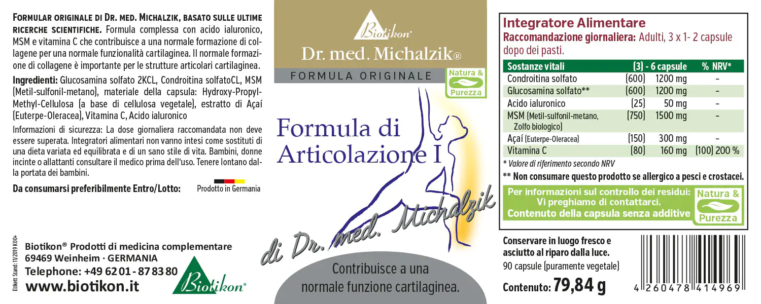 Formula Articolare 1 Etichetta Integratore alimentare in forma di capsula, 90 capsule, confezione verde e bianca, supporta la funzione articolare.