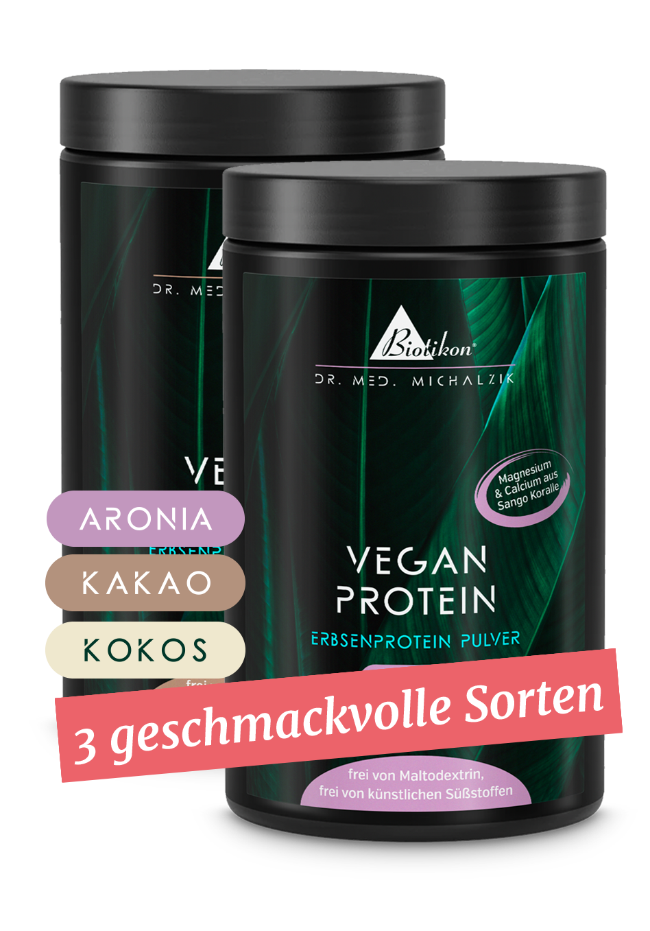 Due contenitori di polvere di proteine vegetali in Aronia, Cacao e Cocco, bianco, vista frontale.