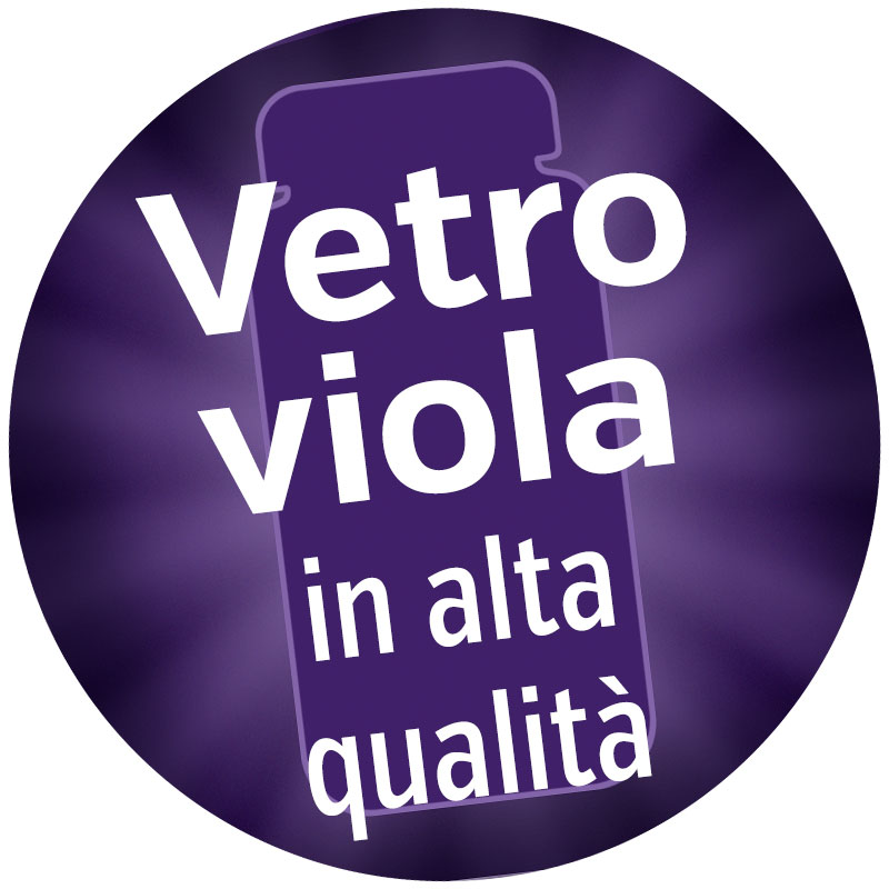 Adesivo rotondo con sfondo viola e testo bianco, descrizione del vetro viola di alta qualità.