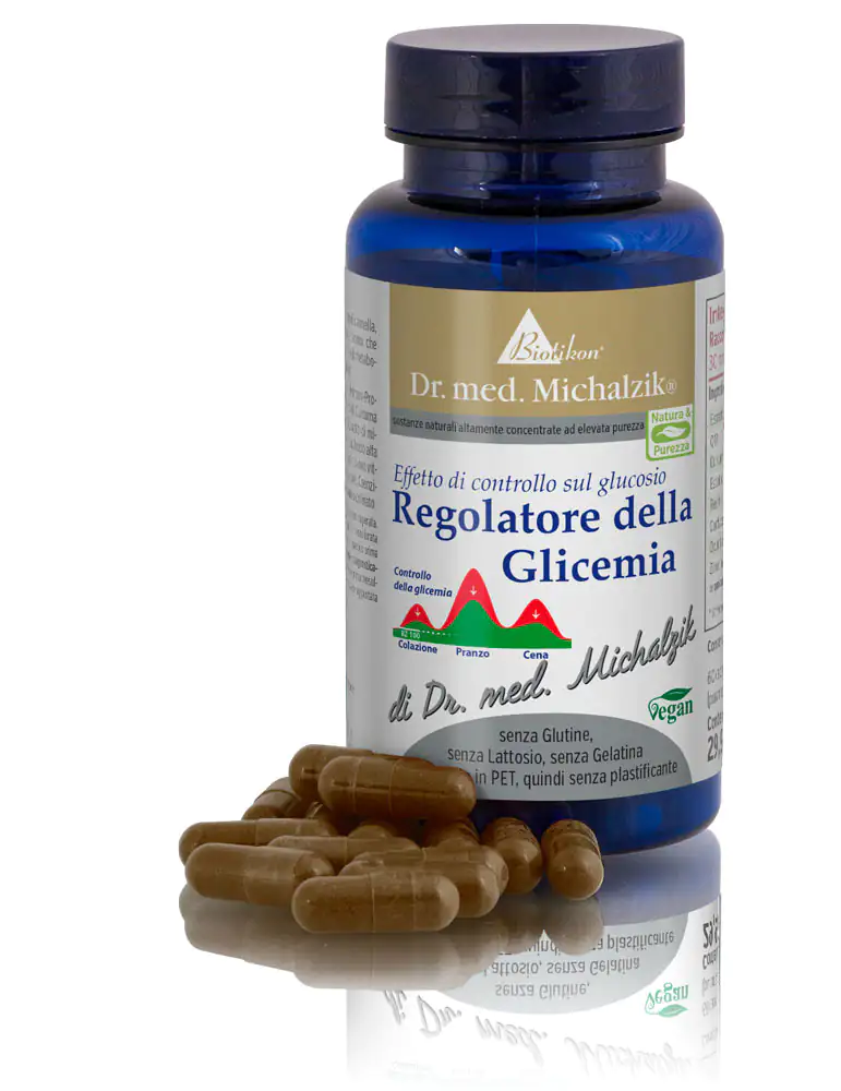 Regolatore Glicemico – 60 Capsule Bottiglia blu con 60 capsule per la regolazione della glicemia, capsule marroni, formulazione vegana.
